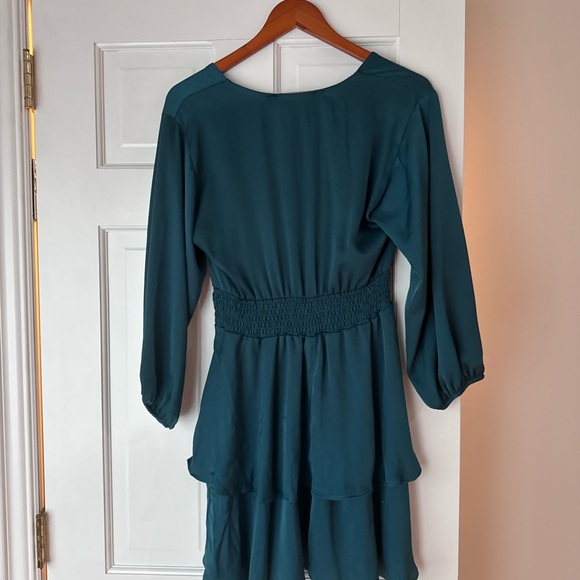 ZARA Teal Long Sleeve Satin Mini Dress Elastic Waist Ruffled Hem - Picture 3 of 3